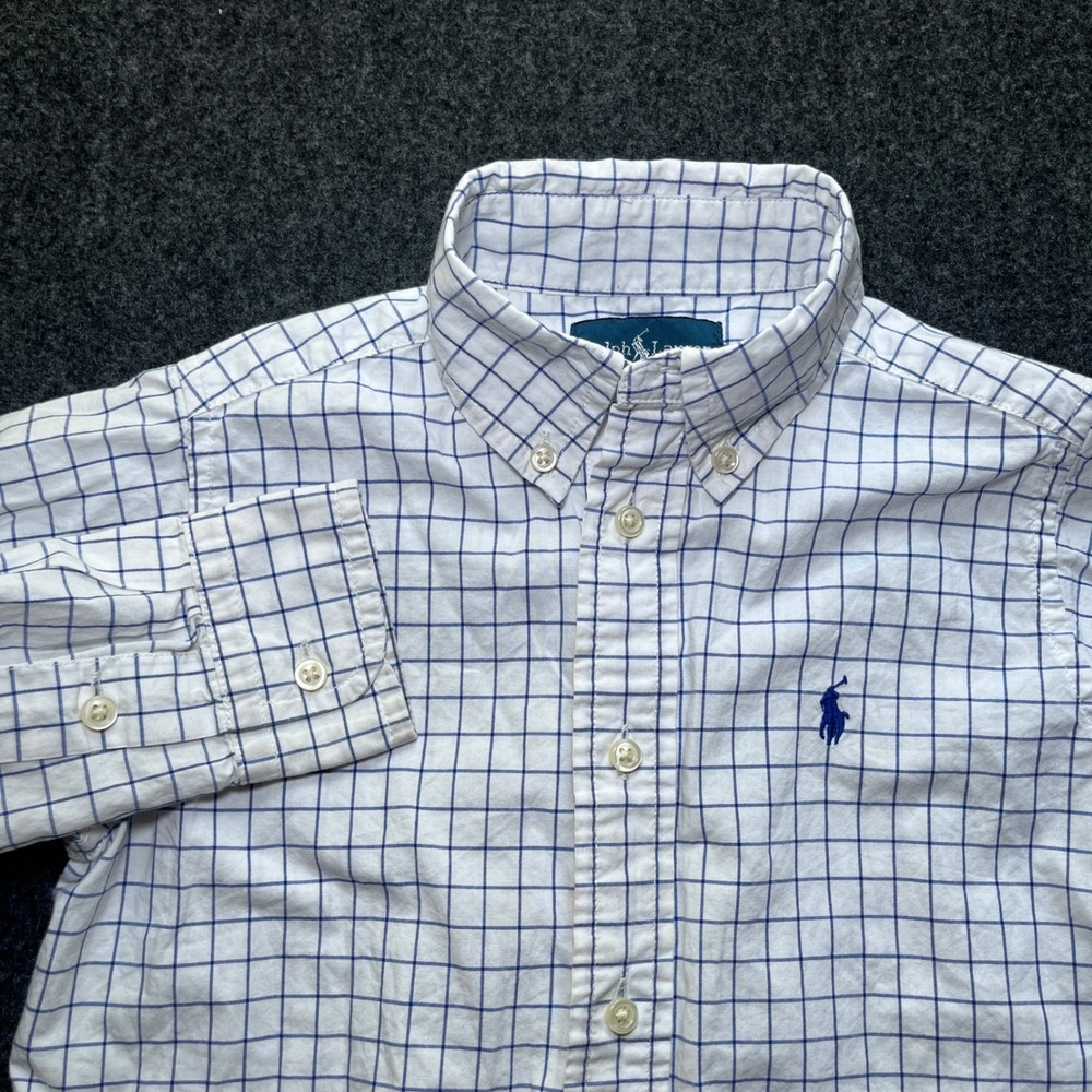 Ralph Lauren Button Down Boys 4 Blue Excellent Windowpane Check Cotton Shirt